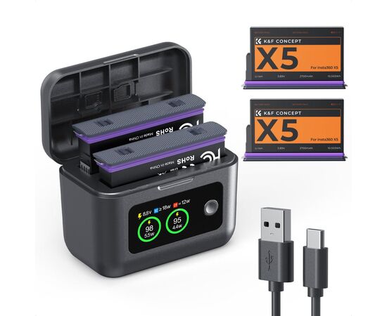 K&F CONCEPT Kit 2 Baterias 2700mAh e Estojo Carregador Insta360 X5 PD20W Tela LCD