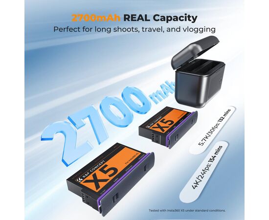 K&F CONCEPT Kit 2 Baterias 2700mAh e Estojo Carregador Insta360 X5 PD20W Tela LCD