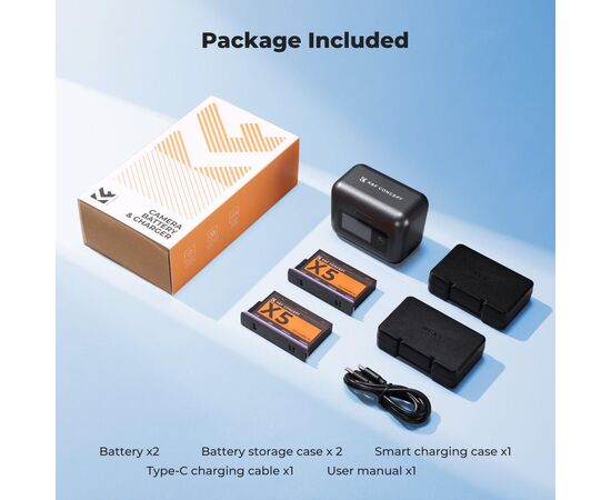 K&F CONCEPT Kit 2 Baterias 2700mAh e Estojo Carregador Insta360 X5 PD20W Tela LCD
